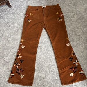 Driftwood corduroy Floral Embroidered Flare Pants size 12. Excellent condition.
